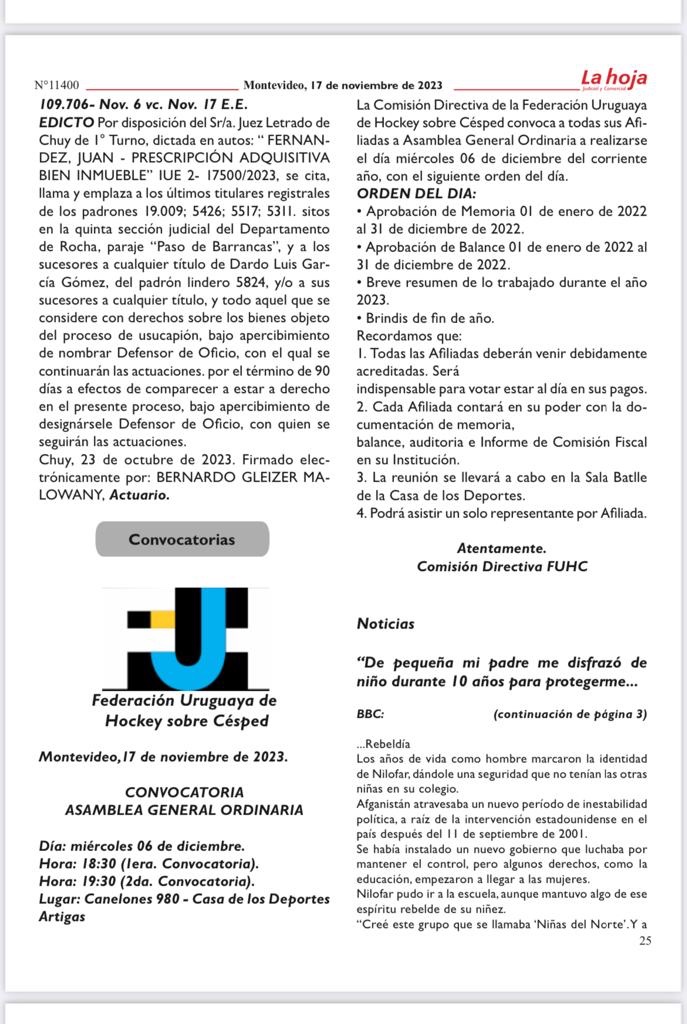 Se adjunta Publicación Oficial de Asamblea de Memoria y Balance de la Federación Uruguaya de Hockey del año 2022
Miércoles 6 de diciembre de 2023, 19:30 hs
Canelones 980, Sala Batlle de la Casa de los Deportes.