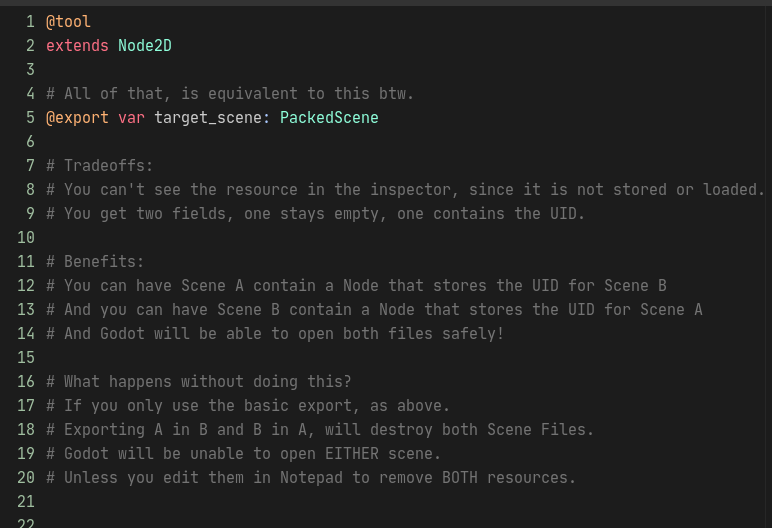 the_duriel's tweet image. #GodotTips #GodotEngine: How to export a resource without loading it, but still have an automatically updating reference to it, that will persist even if you move and rename the resource.

This circumvents cyclic references with exported PackedScene resources!
