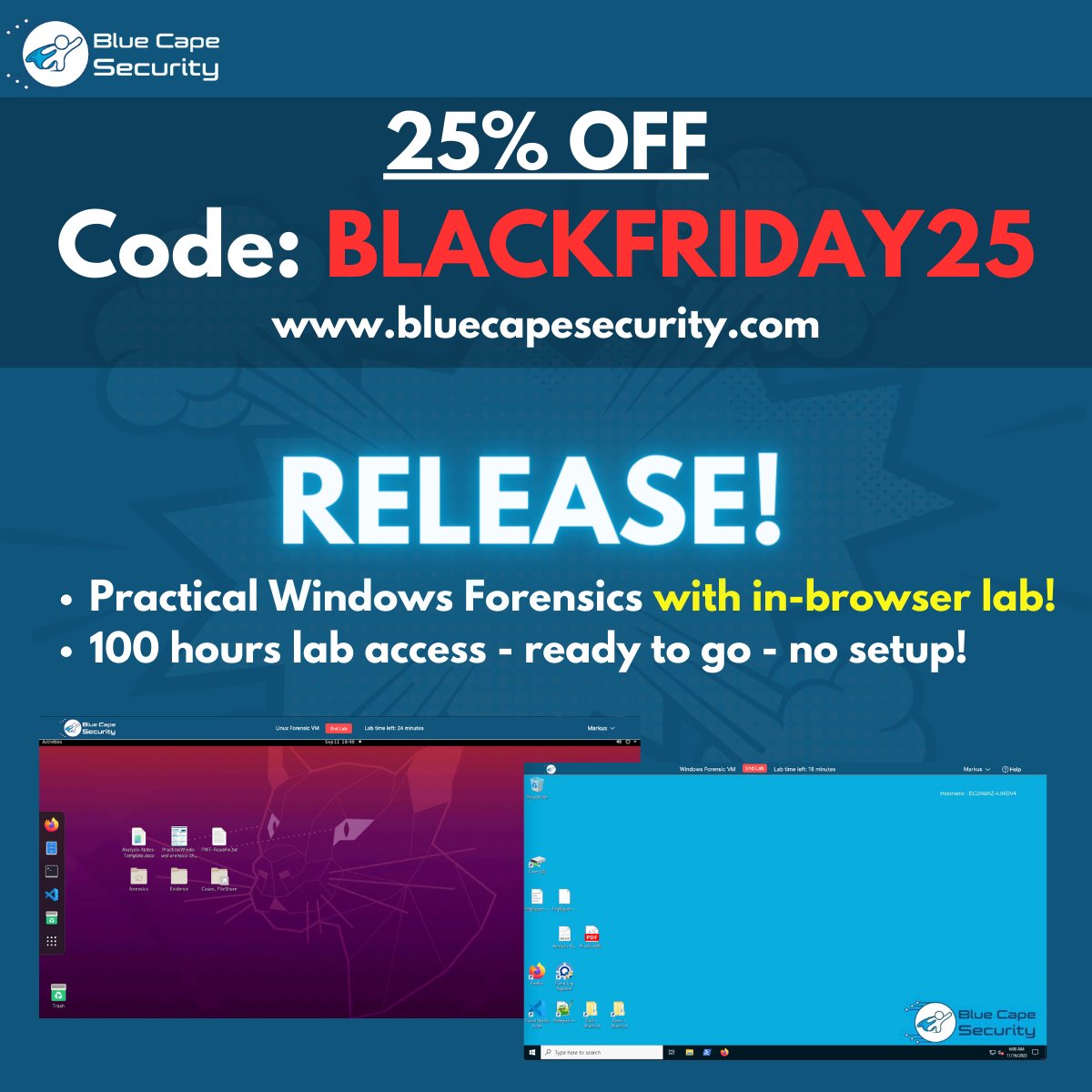 bluecapesec's tweet photo. Two exciting announcements in one!
1) You can get 25% OFF of our courses until Nov 27th for #blackfriday week on: https://t.co/z7k49fNMnO
2) We've released a 201 - Practical Windows Forensics with in-browser lab VM option: https://t.co/ryaJaWLDyg
#bluecapesecurity #bluetam https://t.co/lTCGYDt0ha