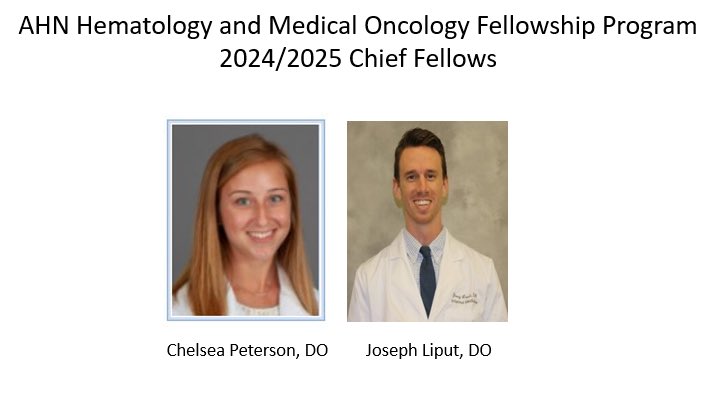 Congratulations to Joseph Liput and @chelseap_DO on being selected as chief fellows for <a href="/AHNhemeonc/">AHN Hematology/Oncology Fellowship</a> in the upcoming academic year 2024/2025! Excited to witness the exceptional contributions you'll make to the program. <a href="/AHNtoday/">AHN</a>