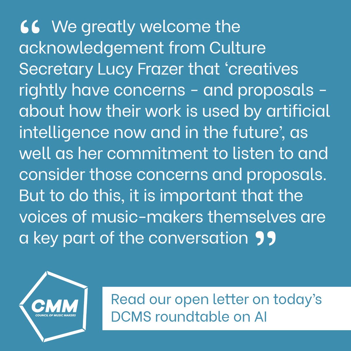 The government has convened a roundtable to discuss the impact of AI on the creative industries with all three major record companies represented but nobody to speak for music-makers. Read our open letter on this here: bit.ly/3QPOBlM