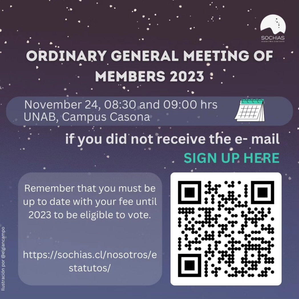 ¡Atención comunidad astronómica!
Recuerden que este viernes 24 de noviembre es nuestra Asamblea General Ordinaria de socios, del 2023.
Si aún no han confirmado, se pueden inscribir en el QR. 
La asistencia puede ser virtual o física.
Los esperamos