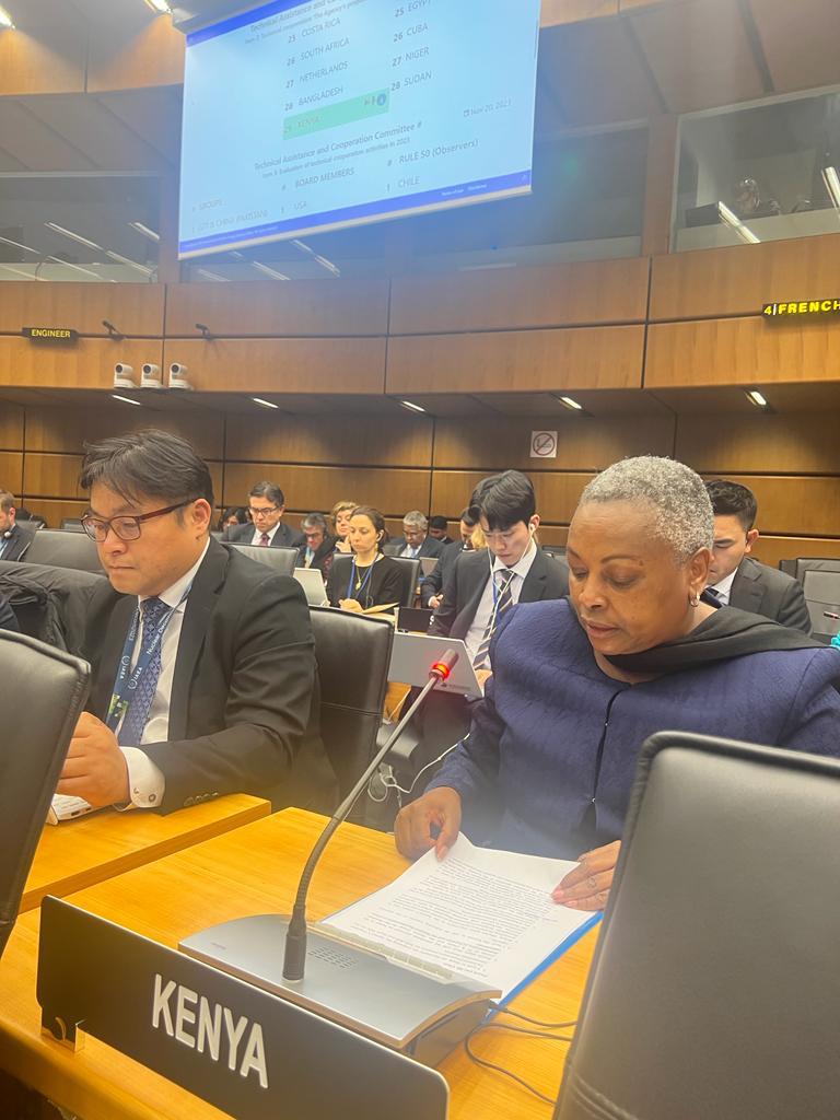 KenyaEmbVienna's tweet photo. H.E Amb. Mary Mugwanja delivers a statement during the IAEA Board of Governors Meeting highlighting the importance of the technical cooperation programme of the IAEA being the only mechanism that promotes transfer of technology and capacity building for peaceful uses of nuclear applications and technology.