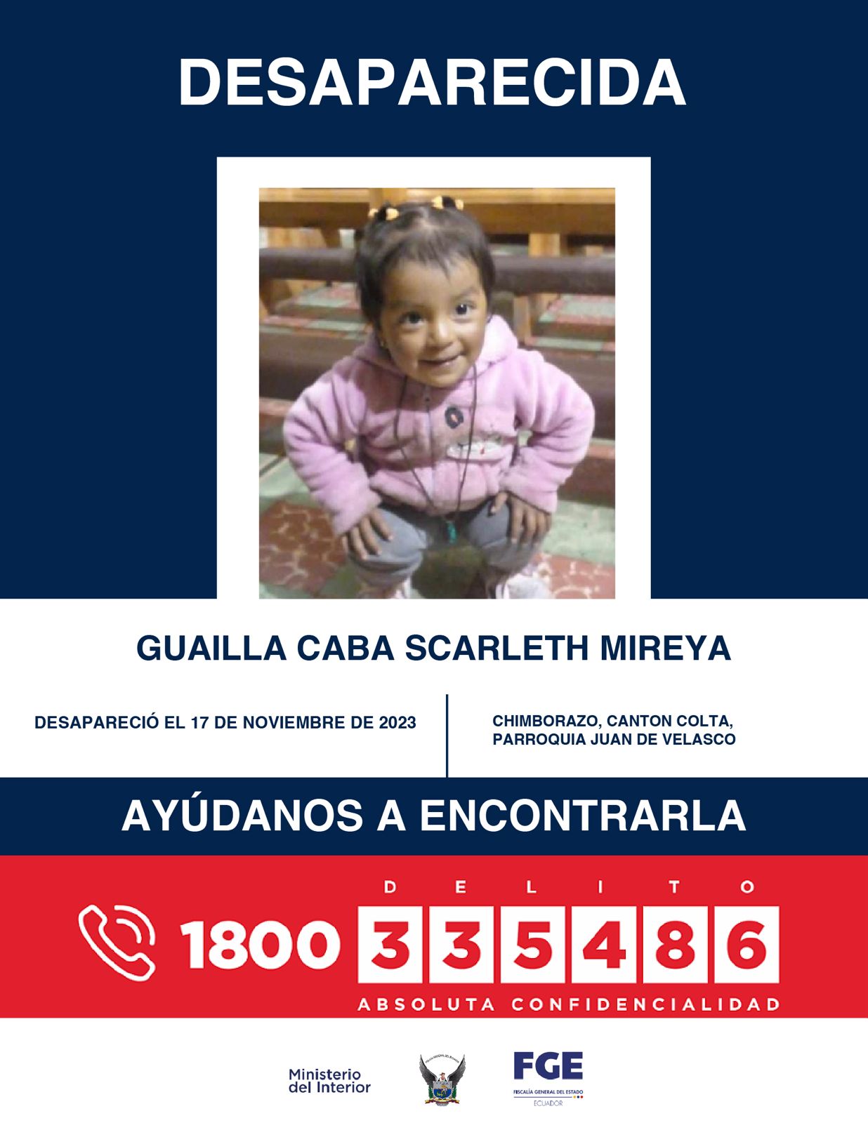 #ATENCIÓN | #Chimborazo: si tienes información sobre la ubicación de Scarleth Mireya Guailla Caba, comunícate de inmediato al 1800 335486.