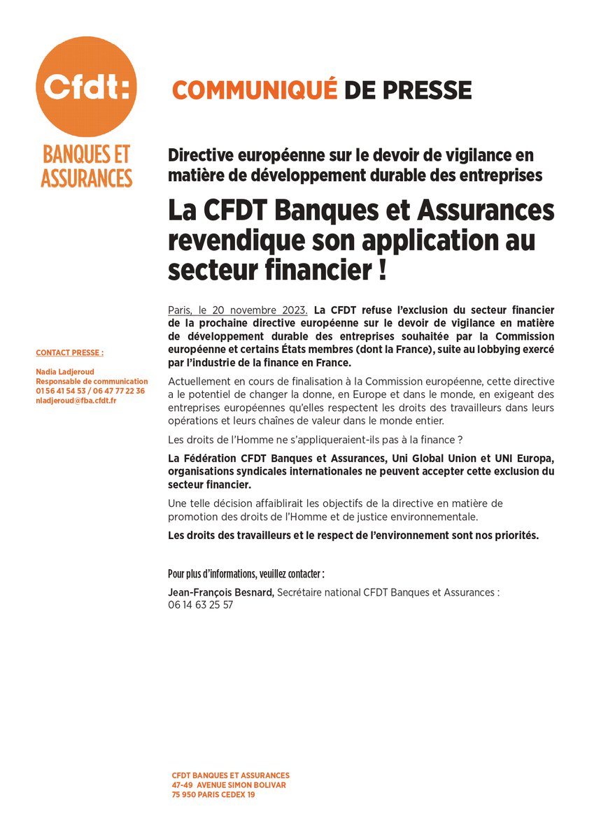 NEW: Our 🇫🇷 affiliate @CFDT calls out the lobbying by the French government and financial industry to exclude the financial sector from the EU Corporate Sustainability Due Diligence Directive, echoing @uniglobalunion's & @UNI_Europa's statement: tinyurl.com/vs78652p