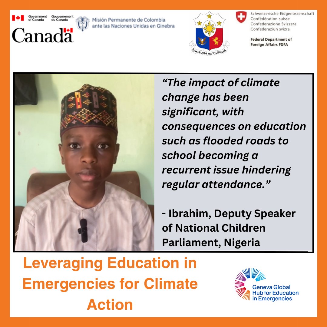 “The impact of climate change has taken on great importance”
Ibrahim, Deputy Speaker of National Children Parliament, Nigeria, at launch of EiE Hub's 2023 flagship report, Leveraging #EducationinEmergencies for #ClimateAction tinyurl.com/22th6p4n