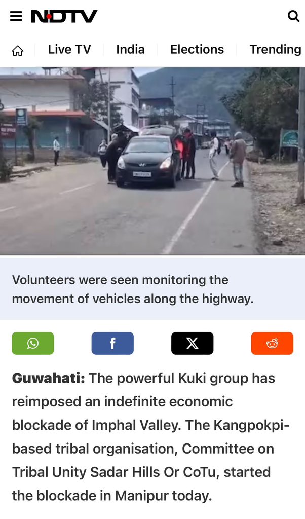 #Kuki_Zo starts the indefinite economic blockade by undertaking strict checking of vehicular movement carrying “essential commodities”. This is against the Indian Essential commodity act and is a #CrimeAgainstHumanity. <a href="/nitin_gadkari/">Nitin Gadkari</a> <a href="/NHAI_Official/">NHAI</a> <a href="/IndEditorsGuild/">Editors Guild of India</a>   Should act