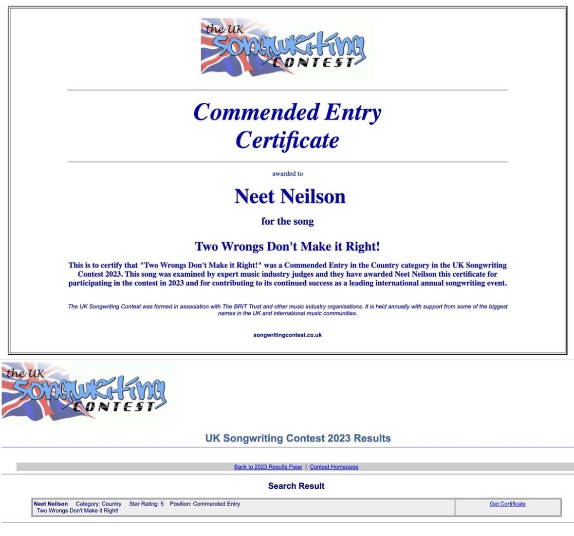 Neet Neilson (@neetneilson) on Twitter photo Wow super chuffed my song got a 5star commended entry for the <a href="/uksongwriting/">UK Songwriting Contest</a> contest this year. Well seeing it wasn’t me that was singing it! Looking forward to trying again next year Wow super chuffed my song got a 5star commended entry for the <a href="/uksongwriting/">UK Songwriting Contest</a> contest this year. Well seeing it wasn’t me that was singing it! Looking forward to trying again next year