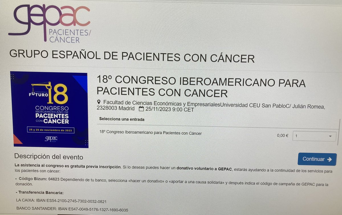Como en todas ediciones del congreso de pacientes con Cáncer la inscripción es gratuita, por favor no olvidéis realizar. Os esperamos.