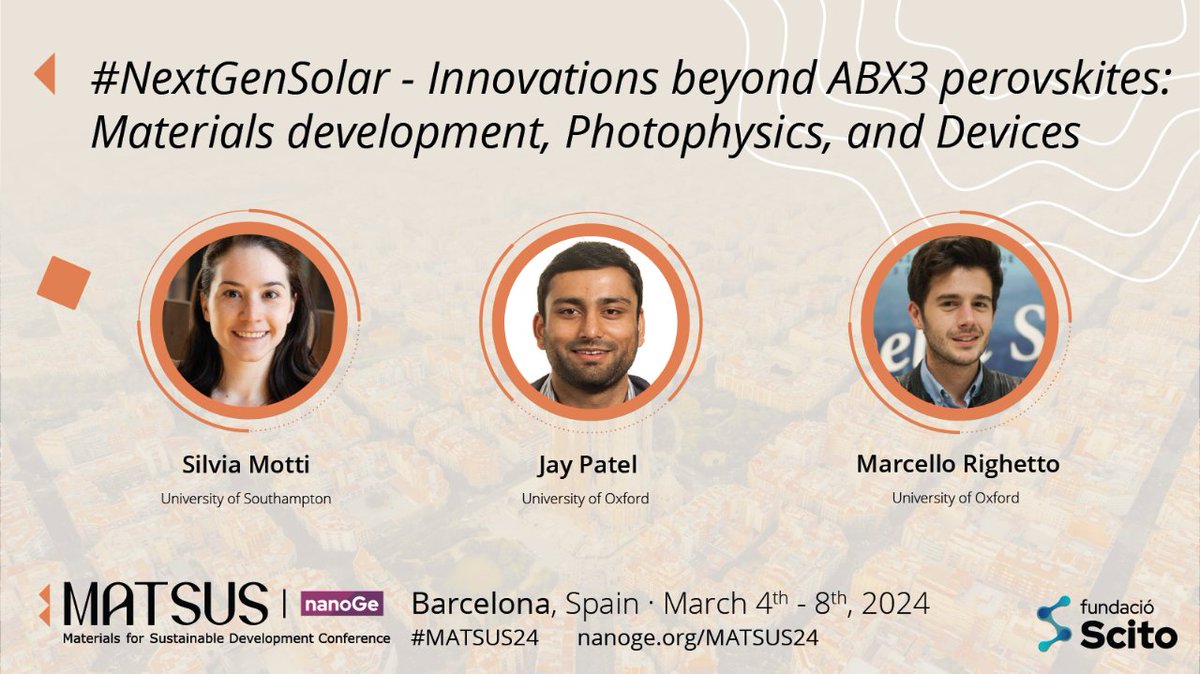 Are you working on new semiconductors for solar energy applications? Chip in with an oral abstract for our #NextGenSolar symposium at MATSUS-24 in sunny Barcelona. Deadline for oral presentations on Wednesday 22nd, submit now! 👇

nanoge.org/MATSUS24/home#…