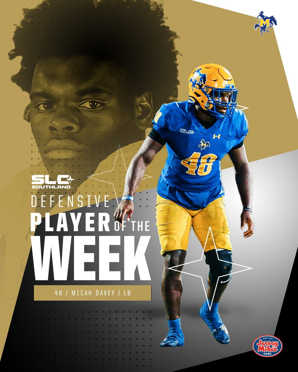 SouthlandSports's tweet photo. 🏈 Congratulations to this week's @jerseymikes Southland Football Players of the Week! 

Offensive - Pat McQuaide, Nicholls 
Defensive - Micah Davey, McNeese
Special Teams - Austin Dunlap, Southeastern

📰 https://t.co/hCryJHDuHa 

#EarnedEveryDay https://t.co/Rk9kB8PCMo