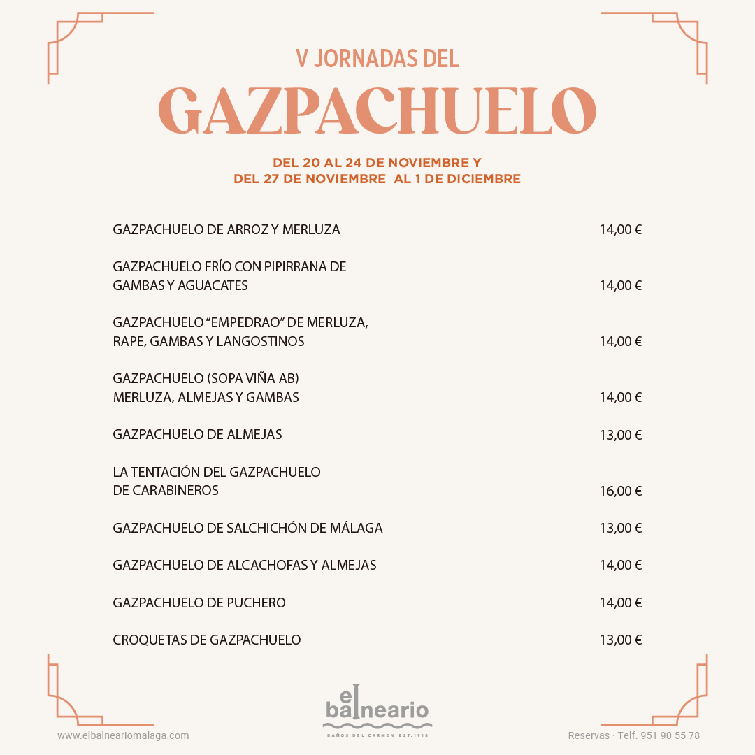elbalnearioMLG's tweet photo. En #Málaga no llega el frío... ¡hasta que se celebran las Jornadas del Gazpachuelo de #ElBalneario! Disfruta en nuestro restaurante de las recetas de #gazpachuelo de arroz, de merluza, de almejas, de puchero, sopa viña AB…

📆 Del 20 al 24 de noviembre y del 27 al 1 de diciembre https://t.co/1gDqVvl4GA