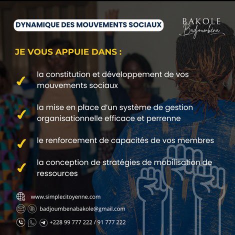 Expertise dans la création et développement de mouvements sociaux. Cofondatrice de mouvements à succès au Togo et en Afrique. Renforcement des compétences en gestion organisationnelle, gestion de projets, webactivisme et mobilisation de ressources. Contactez-moi pour des conseils