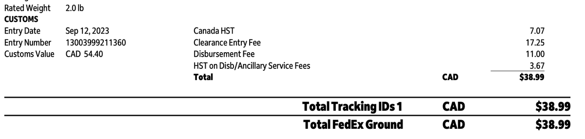 rupay's tweet photo. This is what free trade looks like between the US and Canada. Item Cost: $40, Declared Value: $54.40.  Duties Paid: $38.99 (72%). https://t.co/qtvE2uL4o1