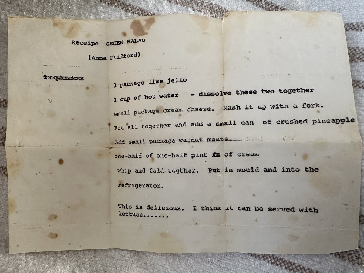 redkatern's tweet photo. Found in Nana’s recipe box. A true gem. 

Is it an appetizer? Is it dessert?😂

@guarnaschelli @GuyFieri @duffgoldman https://t.co/jGQyrjvVeR