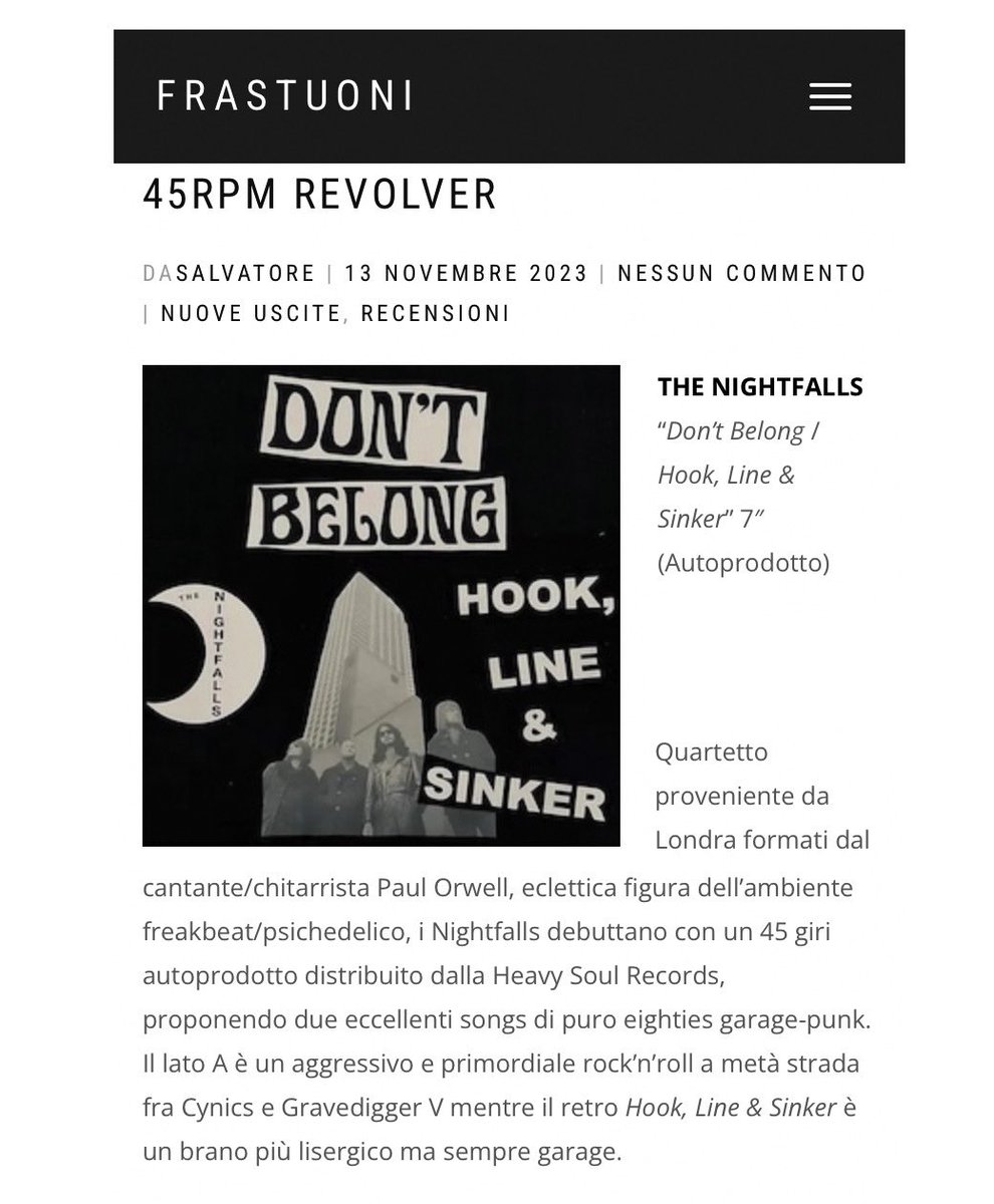 Frustuoni

Quartet from London formed by singer/guitarist Paul Orwell, an eclectic figure of the freakbeat/psychedelic scene, Nightfalls debut offering two excellent songs of pure eighties garage-punk. Side A is an aggressive and primordial rock'n'roll halfway between...