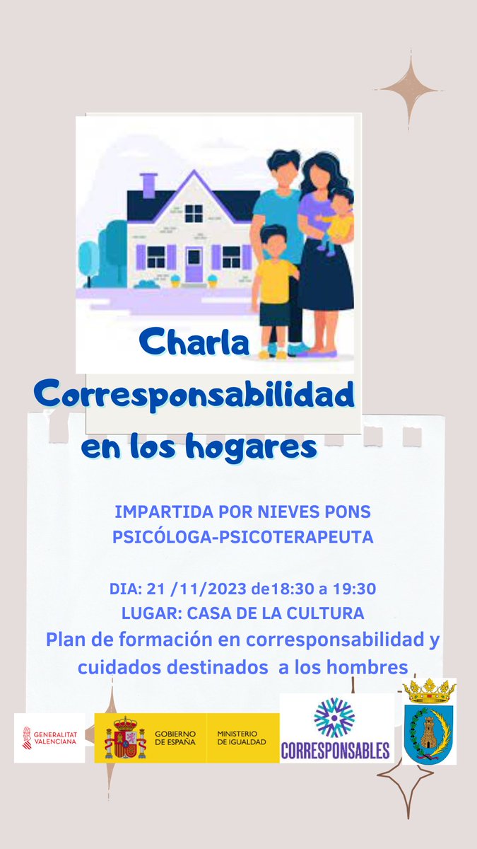 Charla "Corresponsabilidad en los Hogares"  destinada a los hombres, con la finalidad de facilitar la conciliación de las familias de Montán, financiada con el #PlanCorresponsables del <a href="/IgualdadGob/">Ministerio de Igualdad</a> en colaboración con @GVAinclusio el día 21 de noviembre.