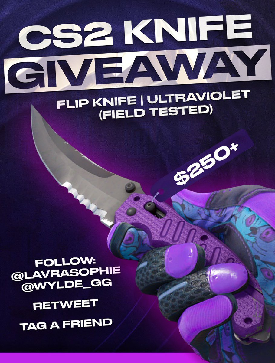 𝗖𝗦𝟮 𝗚𝗜𝗩𝗘𝗔𝗪𝗔𝗬! 💜 

To celebrate over 250 SUBS during my Subathon, WYLDE has given me a FLIP KNIFE ULTRAVIOLET to give away, worth over $250!

TO ENTER: 
👥 FOLLOW <a href="/WYLDE_gg/">WYLDE⚡️</a> &amp; <a href="/lavrasophie/">𝘓𝘢𝘶𝘳𝘢</a> 
🔁 RETWEET 
👯‍♀️ TAG A FRIEND  

Winner will be drawn on the 1st December! GOOD