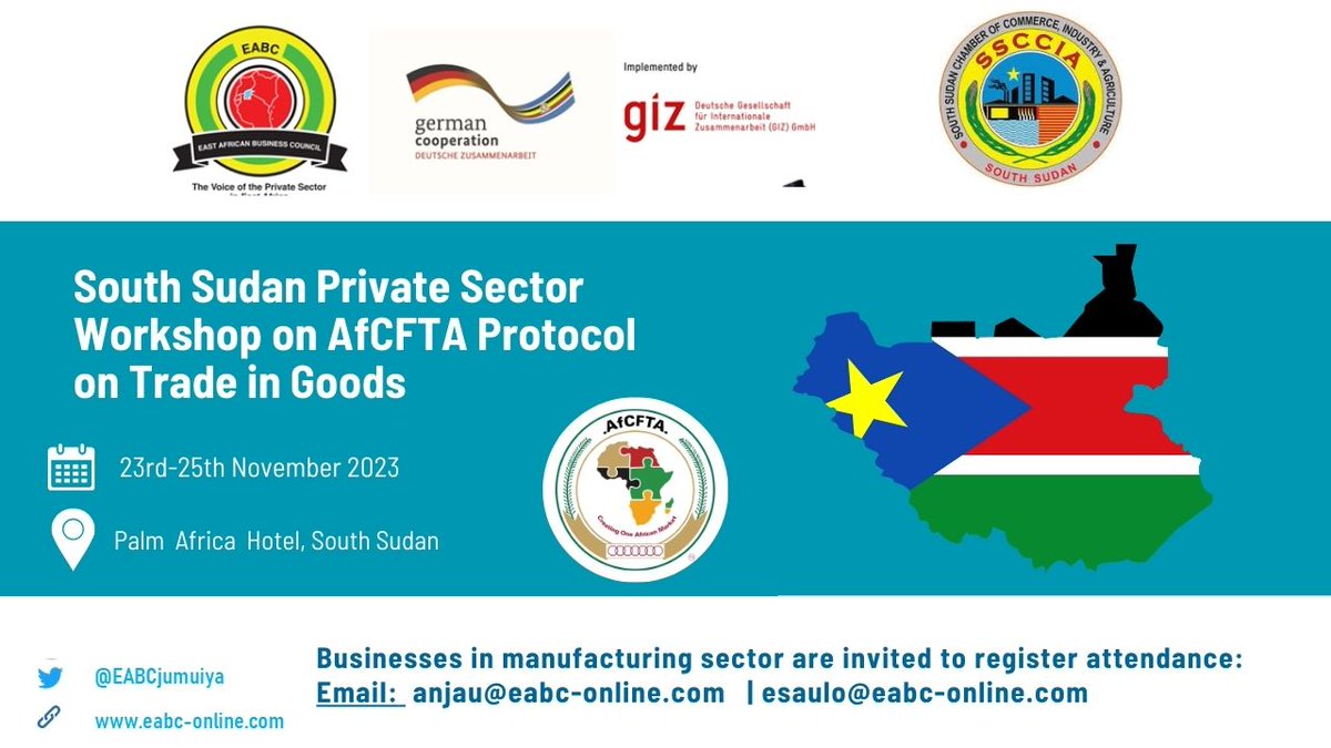 EABCjumuiya's tweet photo. 🌍 Join us at the South Sudan Private Sector Workshop on AfCFTA Protocol on Trade in Goods, Nov 23-25, 2023, Palm Africa Hotel, Juba. Explore trade dynamics. 📧 Register: anjau@eabc-online.com or esaulo@eabc-online.com. Secure your spot!
#AfCFTA #TradeInGoods #SouthSudanWorkshop https://t.co/OOBMcEuIci