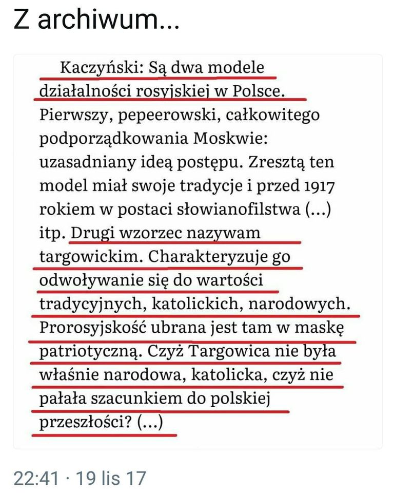 👇
To fragment wywiadu z J.Kaczyńskim z 1998 roku.
Bardzo spina mi się jego ówczesna wypowiedź z jego obecną działalnością prorosyjską. Skąd bierze wzorce jest już jasne.

#KoniecPiS