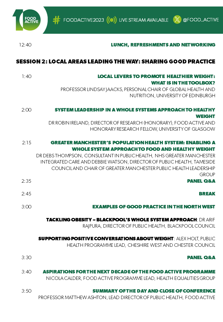 The #FoodActive2023 Conference is fast approaching!

Check out the agenda below to see the fantastic line up of speakers we have, speaking about a range of topics related to healthy weight 

There's still time to grab a ticket and join us virtually 👉eventbrite.co.uk/e/10-years-of-…