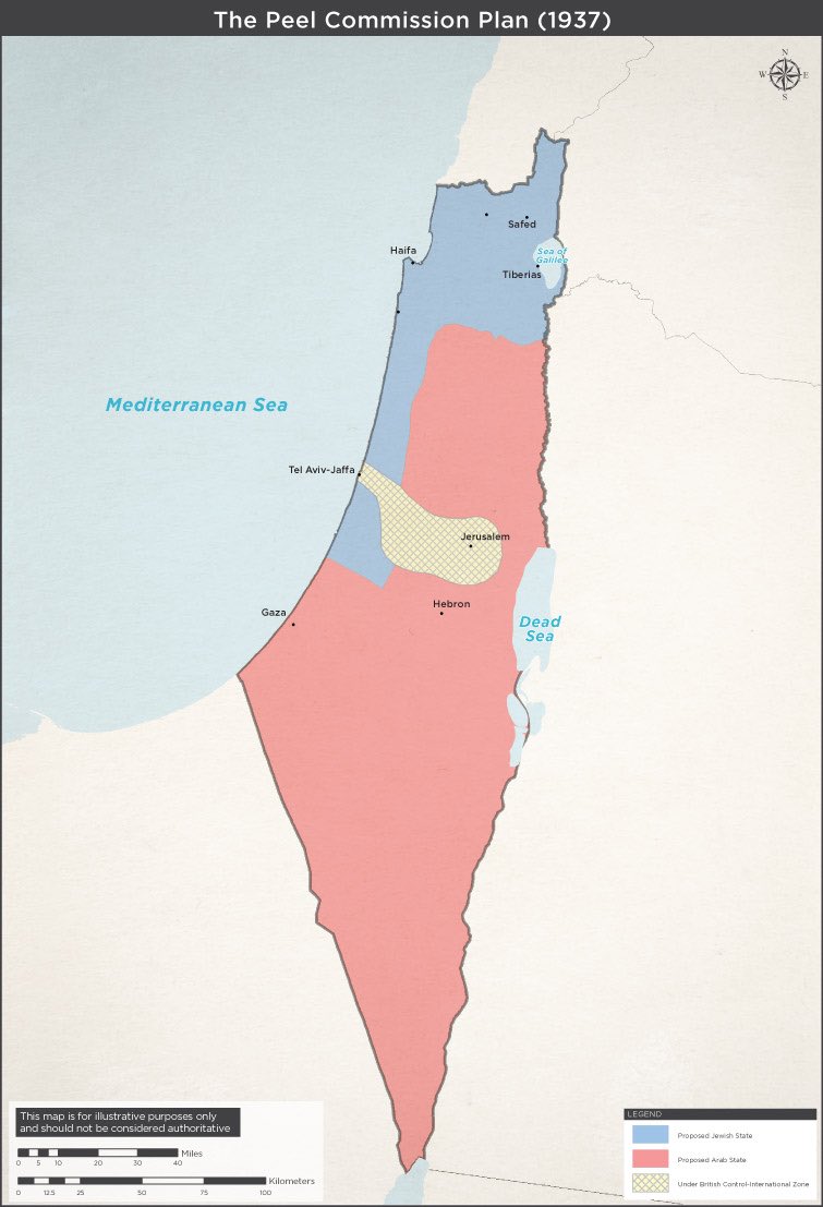 This is the Peel Plan (1937), the land mass allocated to the Palestinian Arabs was way bigger than what was suggested in the U.N partition plan in 1947.

Plan was rejected! 

Imagine how the situation would look like now? 

Food for thought 💭