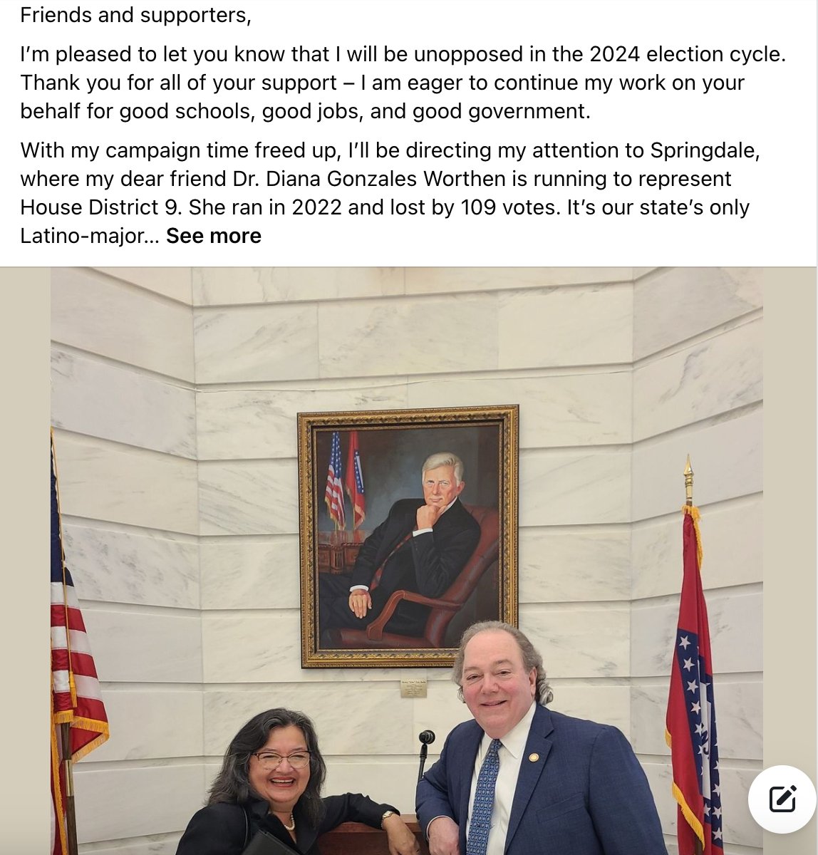 THANK YOU for your support, <a href="/RepWhitaker22/">Representative David Whitaker</a>, and congratulations on being unopposed!

Please consider joining Rep. Whitaker in supporting my campaign for District 9 here:  secure.actblue.com/donate/diana-f…

Together, let's work for Strong Schools, Strong Families, and a Strong Springdale!