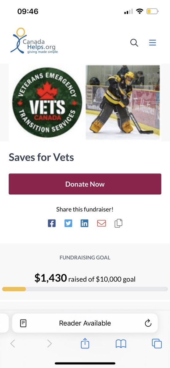 100 more saves, 50$ more to <a href="/vetscanada/">VETS Canada 🇨🇦</a> !

Almost at 1500$ raised! <a href="/OJHLGoldenHawks/">Trenton Golden Hawks</a> 
<a href="/OJHLOfficial/">OJHL</a> 

canadahelps.org/en/pages/saves…