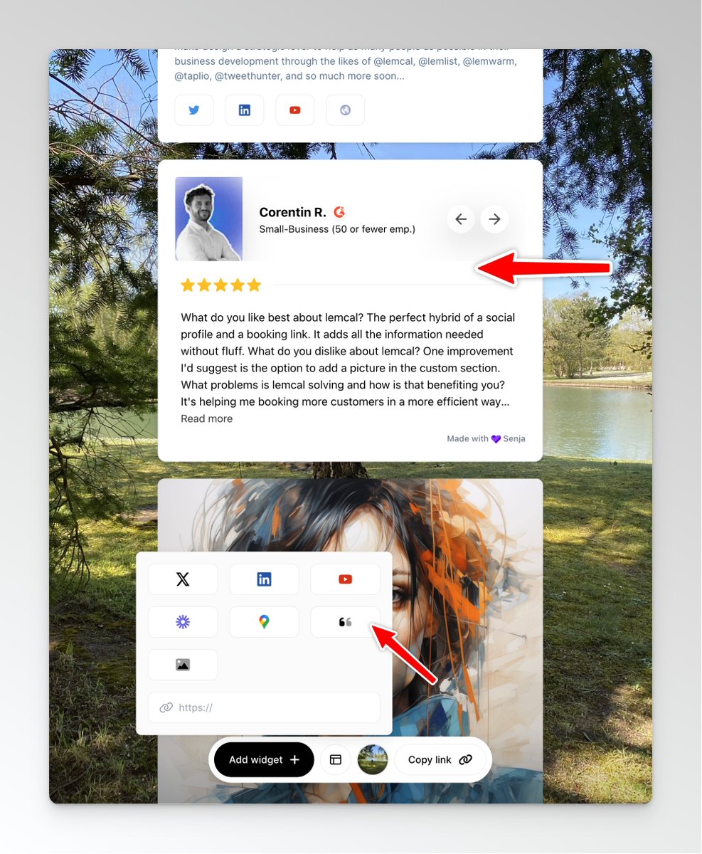 Update on your booking page! 😍

Thanks to our partner Senja, you can now integrate user testimonials on your landing page on lemcal.

More update on our public patch note : notion.so/lempire/Patch-…
