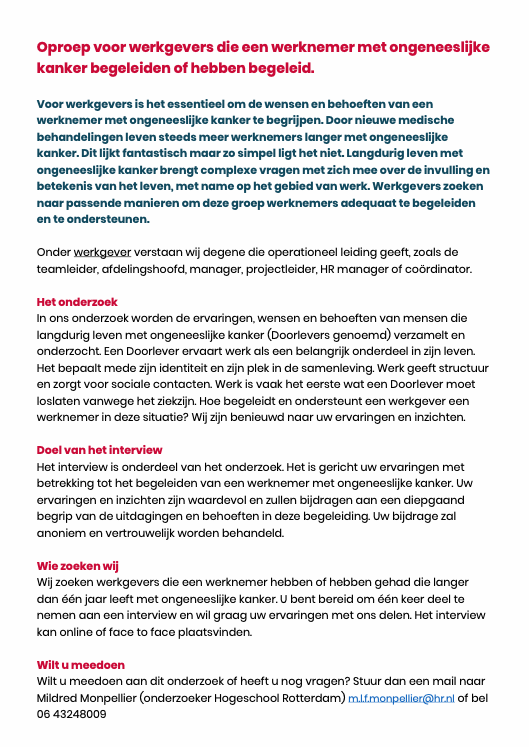 WerkEnKanker's tweet photo. Gezocht! 👁

Ben jij of ken jij een manager die een werknemer met ongeneeslijke kanker begeleidt (heeft)? Dan willen we graag jouw inzichten en ervaringen horen tijdens een eenmalig en vertrouwelijk interview!

#werkenkanker #werkgever #HR #manager https://t.co/wPgCssEOa7