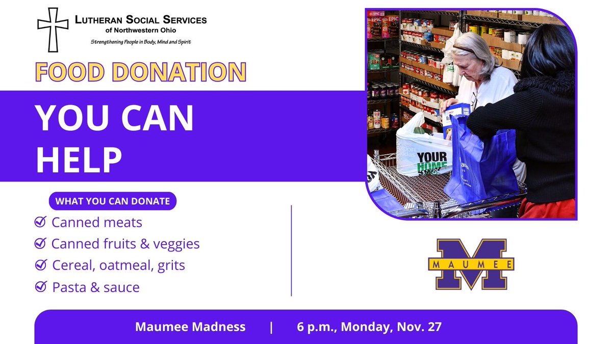 Hey Panther fam, it's time to give back! During our Maumee Madness next week, we'll be collecting donations for the <a href="/LSSNWO/">Lutheran Social Services of NW Ohio</a> food pantry. They're serving around 900 individuals each month, so every donation helps! #WeAreMaumee #PantherPride