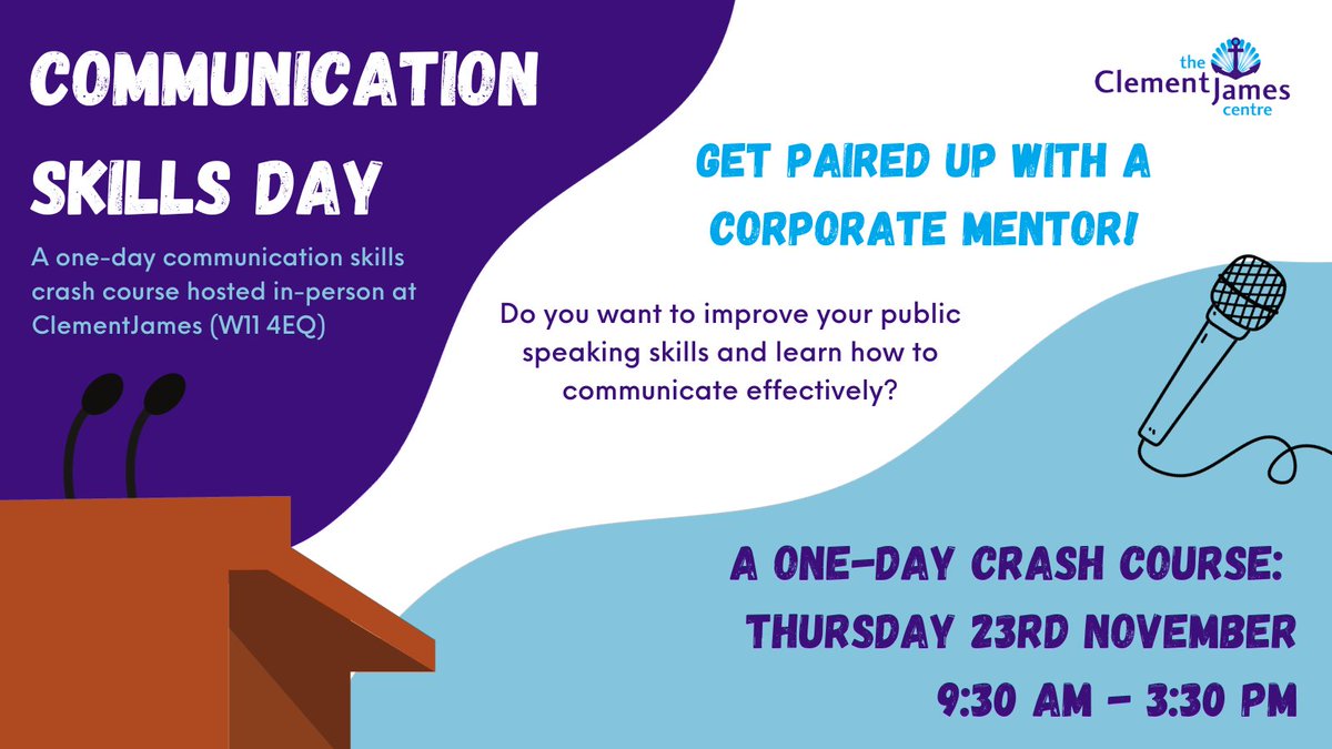 There's still time to sign up for our upcoming Communication Skills Day this Thurs! Gain insight into the professional world, developing your public speaking skills & building confidence in the process 🎤 ✉️ Email employment@clementjames.org to sign up!