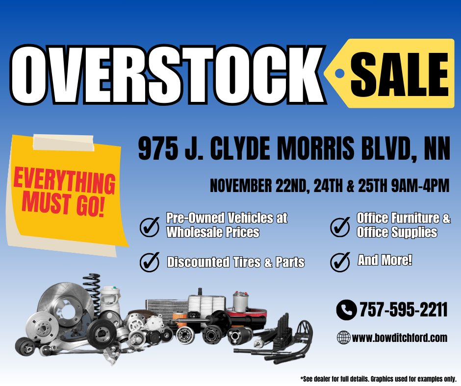 Not only will we be hosting a tire event until November 30th but we will also have our Overstock Sale November 22nd, 24th and 25th! We currently have an influx of Pre-owned vehicles, tires, parts and office furniture and office supplies. Stop in to see us from 9am to 4pm at...