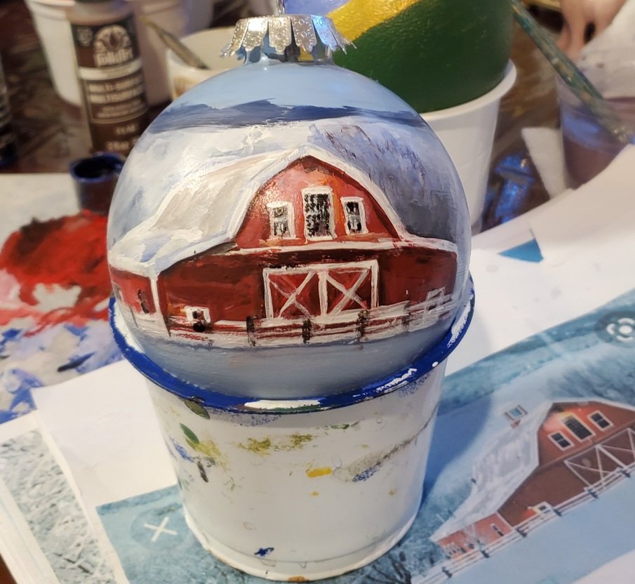 Who doesn't love a red barn in the snow?! I love it so much I don’t want to finish it! My custom order window closes on the 30th - email mail@jypfineart.com with your ornament vision before it's too late! ❄️🎁🐴 <a href="/JYPFineArt/">Joanne Y. Pierce</a>