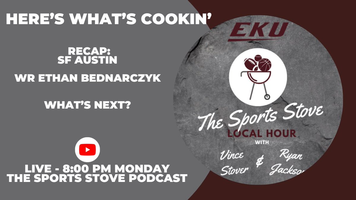 The Sports Stove Local Hour will be LIVE at 8pm tonight! 🦏 Vince and @RhinoJack9956 recap the @EKUFootball W 🏈 WR Ethan Bednarczyk stops in to chat 🏀 We breakdown the @EKUWBB trip to Alaska and more