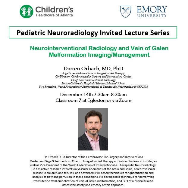 We are excited to welcome Dr. Darren Orbach next week as a part of our Pediatric Neuroradiology Invited Lecture Series! #Pedsrad @EmoryRadiology