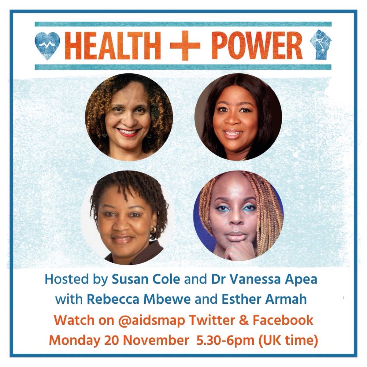 TheBlkFrontline's tweet photo. TBF Founder @estherarmah will be talking about @TheBlkFrontline on the podcast  #HEALTHandPOWER today at 5.30pmGMT. She joins guest @Bex_Mbewe &amp; Hosts
@vanessa_apea @susancolehaley to discuss health inequities affecting people of colour:
Watch live on @aidsmap socials. https://t.co/CWq9QIUHoi