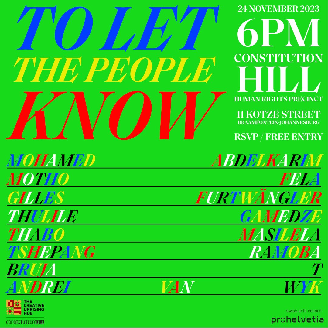 You are invited to the Free live performance of the project 'To Let The People Know' on 24 Nov. Doors open at 18:00, at ConHill's Old Fort, Ft. Tshepang Ramoba; Gilles Furtwängler; & Mohamed Abdelkarim with special guests. #LivePerformance RSVP t.ly/1YzGH