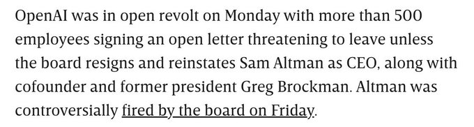 OpenAI Staff Threaten to Quit Unless Board Resigns https://t.co/jpj5nMfNGz https://t.co/lK9H5o8fZt
