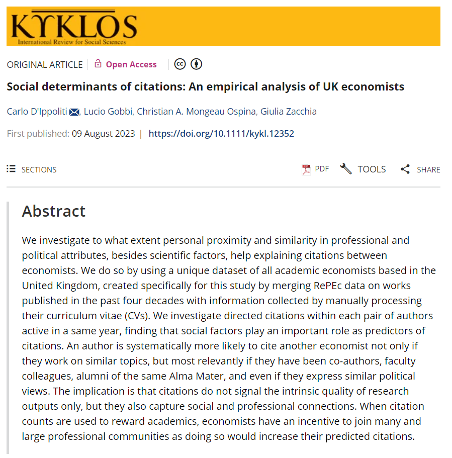 chrmongeau's tweet photo. ๐ข Happy to share that our paper "Social determinants of citations: An empirical analysis of UK economists" with C. @dippoliti, L. Gobbi & G. Zacchia is now published in Kyklos! Link to article in the thread below ๐
#AcademicCitations #EconomicsResearch #EconTwitter https://t.co/5N4OCM3Zny