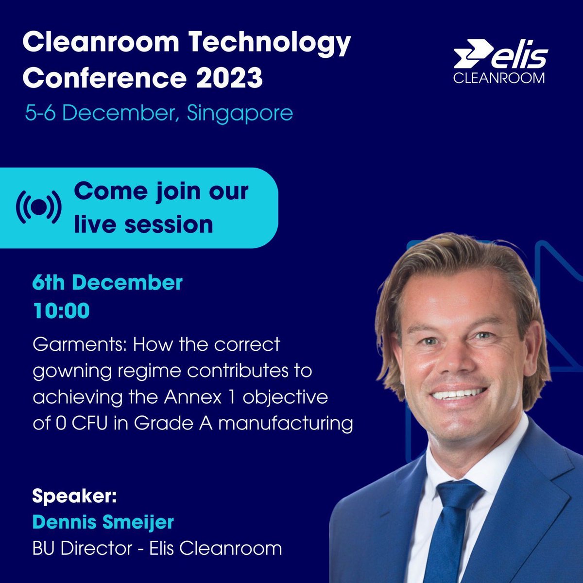 Farma_Alliantie's tweet image. Elis is op 5 en 6 dec aanwezig tijdens Cleanroom Technology Conference 2023 in Singapore! Dennis Smeijer zal vertellen hoe het juiste kledingregime bijdraagt aan het behalen van uw doelstellingen.

Koop nu uw tickets via: buff.ly/3DBF5fL 

#cleanroom #CleanroomTechnology