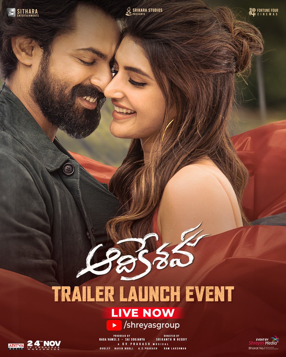 Presenting you all the trailer of Love, Fun & Action Packed Entertainer ~ #Aadikeshava 💥🔥 #AadikeshavaTrailer Out Now - youtu.be/vA1DXbjnR6Q In Cinemas #AadikeshavaOnNov24th 💥 #PanjaVaisshnavTej @sreeleela14 @gvprakash @aparnaDasss #SrikanthNReddy @NavinNooli