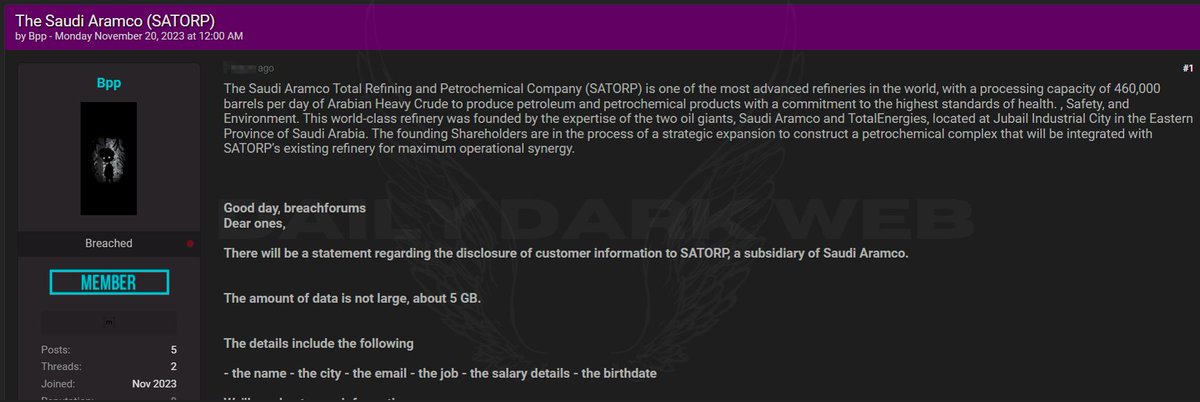 #SaudiArabia 🇸🇦 - A threat actor claims to have data of The Saudi Aramco Total Refining and Petrochemical Company (SATORP)

"Established in 2008, SATORP is a Refinery and Petrochemical complex; processing barrels of Arabian Heavy Crude Oil per day."

#DarkWeb