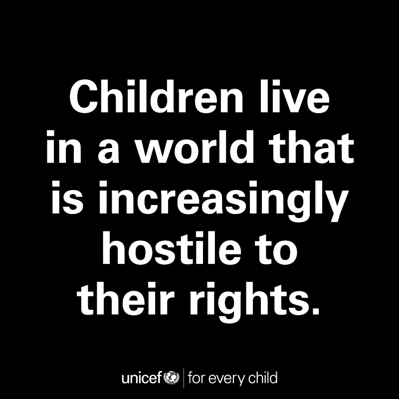 UNICEF's tweet photo. Today should be a day to celebrate the advancement of children’s rights across the globe, but those rights are under attack. 

We must not be discouraged, but more resolved to ensure that the promise of the Convention on the Rights of the Child is fulfilled. #WorldChildrensDay