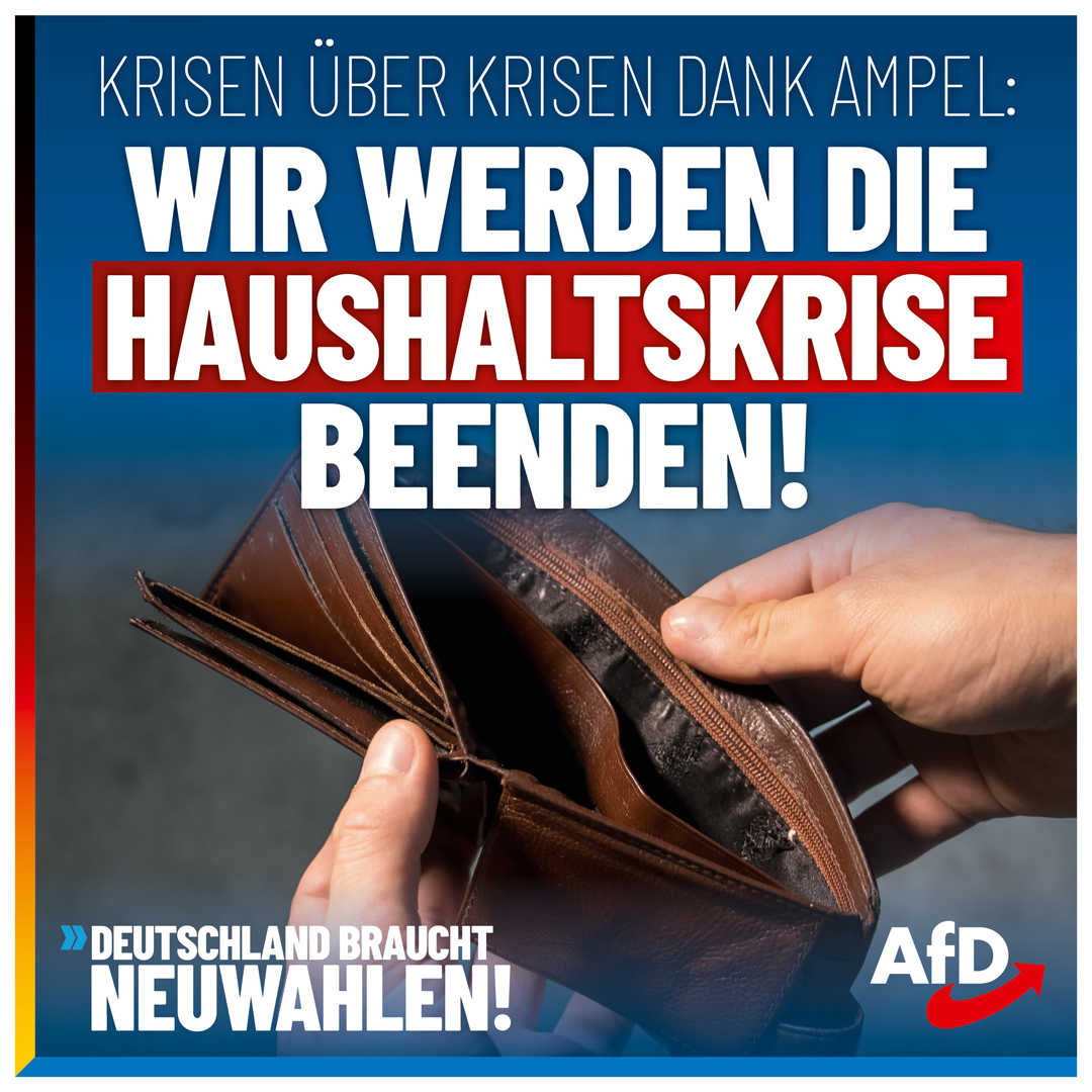 AfD's tweet photo. Das beste Mittel gegen #Staatsverschuldung: #Remigration!

Die aktuelle #Haushaltskrise könnte den #Ampel-Spuk noch schneller beenden, als ein Sechsjähriger braucht, um ein #Habeck-Buch bis zu Ende zu lesen: Jetzt, da nach einem Urteil des Bundesverfassungsgerichtes plötzlich 60 Milliarden Euro im Bundesetat fehlen, gehen sich die Landes-Vernichter im Kabinett gegenseitig an die Gurgel. Er fühle sich „gezwungen“, zusammen mit Sozialdemokraten und #Grünen zu regieren, bekannte #FDP-Finanzminister Christian #Lindner unlängst. Und Wirtschaftsminister Habeck wirft Lindner vor, nachdem der Mittelkürzungen vorgeschlagen hatte: „Alles nur Gerede“.

Die Grünen haben kein Geld mehr, um ihre Klimaideologie zu finanzieren – und schon wird laut über neue Steuern, Steuererhöhungen oder über weitere Schulden nachgedacht. Auf das Naheliegende ist scheinbar noch niemand gekommen: Wir müssen überhaupt keine 60 Milliarden Euro für die widersinnigen Klimaprojekte der Ampel ausgeben. Wir können die Wirtschaft subventionieren, indem die Energiekosten gesenkt und Abgaben auf CO2 abgeschafft werden. Und wir könnten jede Menge Geld sparen: Wenn wir zum Beispiel 300.000 illegale Migranten sofort wieder nach Hause schicken, statt ihnen ihren unrechtmäßigen Aufenthalt in Deutschland mit Geldleistungen zu versüßen. Und wenn wir endlich aufhören, jeden ins Land zu lassen, der an den Grenzen steht. Man könnte auch die wahnwitzigen Entwicklungshilfezahlungen stoppen – in Länder, die uns wirtschaftlich schon überholt haben. Oder die Waffenhilfe, mit der weiterhin Kriege am Laufen gehalten werden.

Aber für all das reicht weder die Fantasie eines Kinderbuchautors, noch die Frustration eines gescheiterten FDP-Finanzministers. Dafür muss man einen Bezug zu Deutschland haben und dafür müssen einem die Menschen, die hier leben und arbeiten, am Herzen liegen. Das kann nur noch die #AfD von sich behaupten. Und wir können auch den Streit in der Ampel beenden: Durch Neuwahlen und das Ende der Anti-Deutschland-Koalition aus SPD, Grünen und FDP. #DeshalbAfD