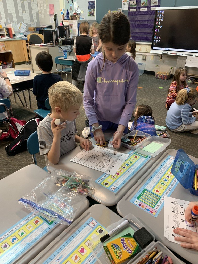 On Friday Ms. Forsythe’s and Mrs. Reitz’s classes worked together to make BINGO boards and play.