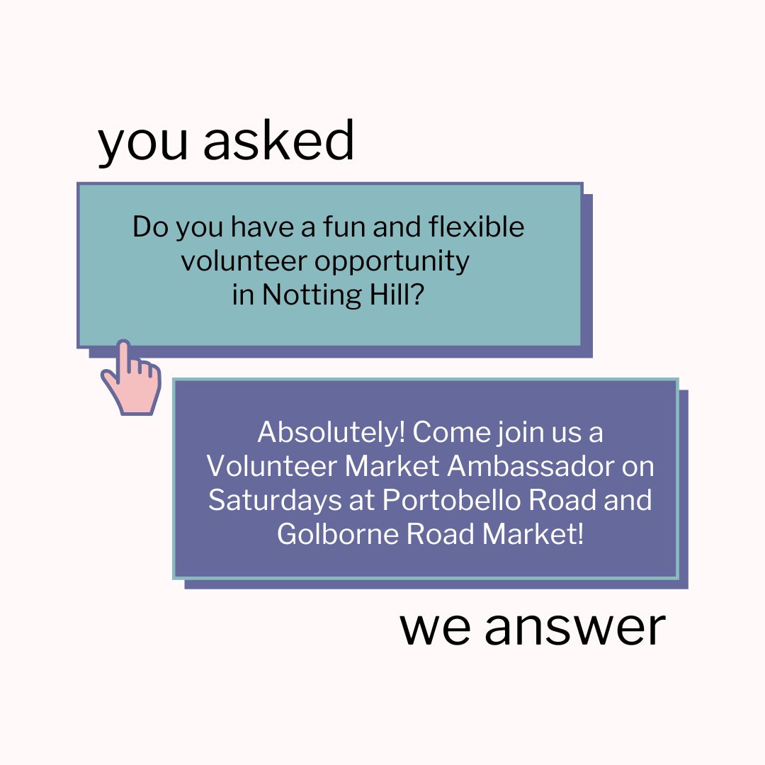 Do you want to #volunteer but need something flexible that works around your schedule ? Then come volunteer with us on Saturdays as a Market Ambassador on Portobello Road and Golborne Road 🙌 

📧  Contact our Market Ambassador Officer Sristi at sristi.kumar@vckc.org.uk to join!
