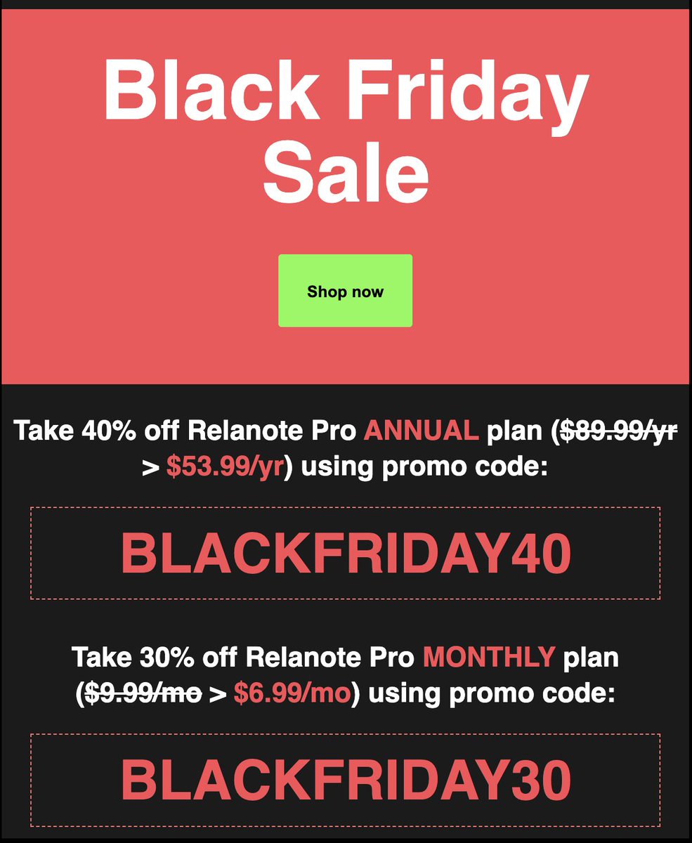 RelanoteApp's tweet photo. In the spirit of Black Friday, we are thrilled to offer you exclusive discounts on our Pro plans until Nov. 30th:

Monthly Sub: $6.99/mo (30% off from $9.99/mo). Use promo code BLACKFRIDAY30

Annual Sub: $53.99/yr (40% off from $89.99/yr). Use promo code BLACKFRIDAY40 https://t.co/yAAxTeiDw0