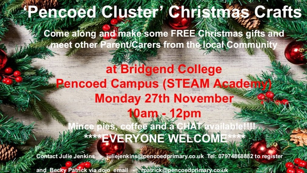 Julie Jenkins (@cfsmpencoed) on Twitter photo Come along and enjoy a morning of Christmas crafting alongside other Parent/Carers and community members. This is a FREE session for all to enjoy. Please register with Julie or Becky...EVERYONE WELCOME 🎅🎅🎅 <a href="/pencoedprimary/">Pencoed Primary</a> <a href="/CroestyS/">Croesty Primary School</a> <a href="/coychurchps/">Coychurch (Llangrallo) Primary School</a> <a href="/CoetyPrimary/">Coety Primary School</a> <a href="/PencoedComp/">Pencoed Comp</a> Come along and enjoy a morning of Christmas crafting alongside other Parent/Carers and community members. This is a FREE session for all to enjoy. Please register with Julie or Becky...EVERYONE WELCOME 🎅🎅🎅 <a href="/pencoedprimary/">Pencoed Primary</a> <a href="/CroestyS/">Croesty Primary School</a> <a href="/coychurchps/">Coychurch (Llangrallo) Primary School</a> <a href="/CoetyPrimary/">Coety Primary School</a> <a href="/PencoedComp/">Pencoed Comp</a>
