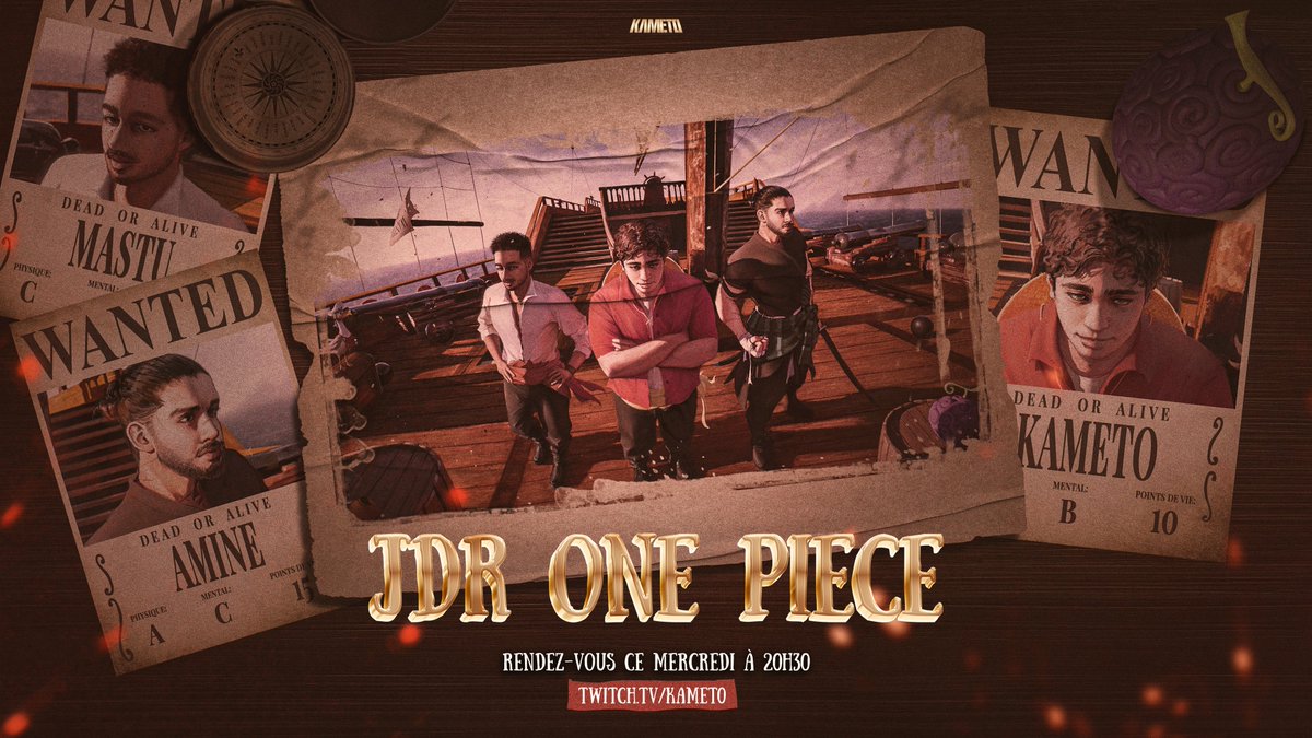 🚨 ANNONCE 🚨 Nouvel arc sur ma chaine, un JDR sur le thème de One Piece avec @AmineMaTue et @mastuu_ ! 🏴‍☠️ Il y aura 3 sessions, chaque Mercredi à partir du 22/11 avec un invité à chaque fois, le premier sera dévoilé demain ! 🕺 🕣 Mercredi à 20h30 📺 twitch.tv/kamet0